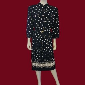 VTG BRELI 1980s Preppy Sailor Polka Dot Accordian Belted Midi Shirt Power Dress